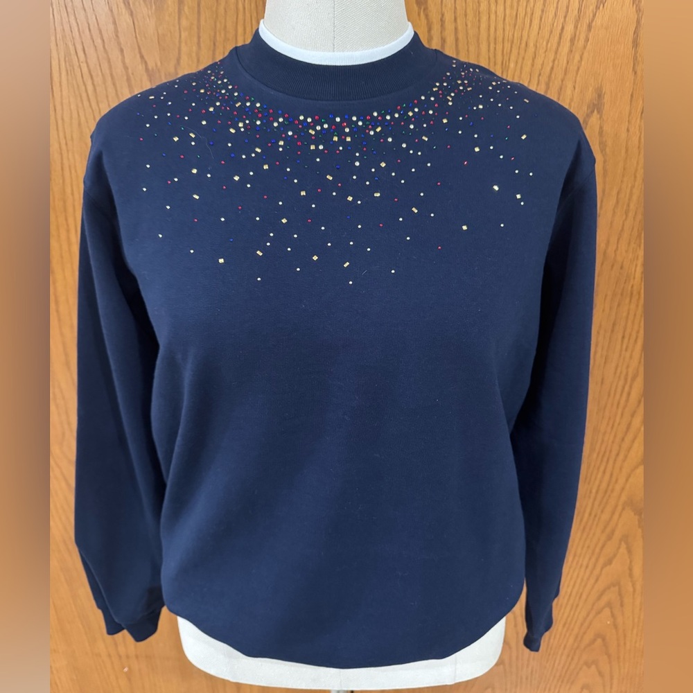 NWT Top Stitch by Morning Sun M Crewneck Navy Sweatshirt Festive Embellishments